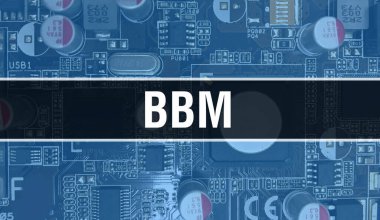 Devre kartında Elektronik Entegre Devre ile BBM konsepti. Bilgisayar Çipi 'nin soyut teknoloji arka planında olduğu BBM ve Chip entegre bir devrede kapanıyor. BBM Arka Gruplama