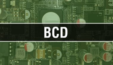 Devre Panosundaki Bilgisayar Çipi kullanılarak BCD konsepti çizimi. Entegre devre paneli arkaplanının BCD 'si. Elektronik Bilgisayar Donanım Teknolojisi Anakart Dijital Çip arka grubunda BCD