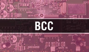 Bilgisayar anakartlı BCC kavramı. Teknoloji anakartının dijital teknolojisi üzerine yazılmış Bcc metni. Yazdırılmış devre kartı olan Bcc ve Chip entegre devre Backgroun 'u kapatır