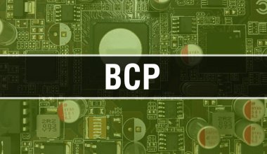 Devre Panosundaki Bilgisayar Çipi kullanılarak BCP konsepti illüstrasyonu. BCP entegre devre levha arkaplanını kapat. Elektronik Bilgisayar Donanım Teknolojisi Anakart Dijital Çip arka grubunda BCP