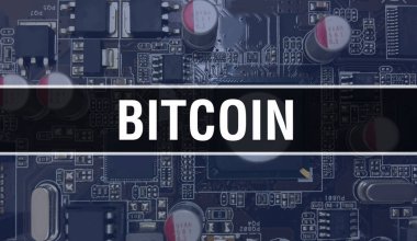 Elektronik Bilgisayar Donanım Teknolojisi geçmişi olan Bitcoin. Elektronik Entegre Devre ve Bitcoin ile soyut bir arkaplan. Elektronik Devre Kurulu. Bilgisayar Entegrasyonu ile Bitcoin