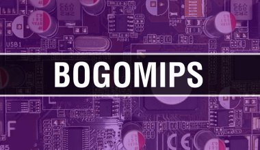 Bilgisayar anakart ile BogoMips kavramı. BogoMips 'in Teknoloji Anakart Dijital Teknolojisi üzerine yazdığı metin. Yazılı devre kartı olan BogoMips ve Chip entegre devreleri kapatır