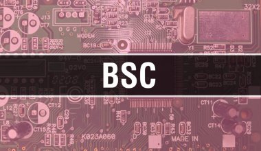 Bilgisayar anakartlı BSC konsepti. Teknoloji anakartının dijital teknolojisi üzerine yazılmış BSC metni. Yazdırılmış devre kartı ile BSC ve Chip entegre devre Backgroun üzerinde kapatın