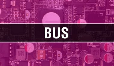 Devre panosundaki bilgisayar çipini kullanarak otobüs konsepti çizimi. Otobüsün entegre devre kartı arka planına yakın. Elektronik Bilgisayar Donanım Teknolojisi Anakart Dijital Çip arka grubunda otobüs