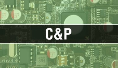 Yazılım geliştiricisi ve Bilgisayar betiğinin Circuit Board Electronic soyut teknoloji arka planında yazılmış C & P metni. Entegre devrelerin C & P konsepti. C & P entegre devre ve direnç