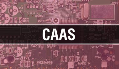 Bilgisayar anakart ile CaaS kavramı. Teknoloji anakartının dijital teknolojisi üzerine yazılan CaaS metni. Yazdırılmış devre kartı olan CaaS ve Chip entegre devre Backgroun 'u kapatır