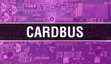 Bilgisayar anakartlı CardBus konsepti. Teknoloji anakartının dijital teknolojisi üzerine yazılmış CardBus metni. Yazılı devre kartı olan CardBus ve Chip entegre devreleri kapatır