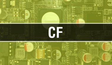 Devre Panosundaki Bilgisayar Çipi kullanılarak CF konsepti illüstrasyonu. Tümleşik devre levha arkaplanının CF 'sini kapat. Elektronik Bilgisayar Donanım Teknolojisi Anakart Dijital Çip arka grubunda CF