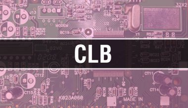 Bilgisayar anakartlı CLB kavramı. Teknoloji anakartının dijital teknolojisi üzerine yazılmış CLB metni. Yazdırılmış devre kartı olan CLB ve Chip entegre devre Backgroun 'u kapatır