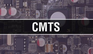 Yazılım geliştiricisi ve bilgisayar yazılımının elektronik soyut teknoloji arka planında yazılmış CMTS metni. CMTS entegre devreler konsepti. CMTS entegre devre ve direnç