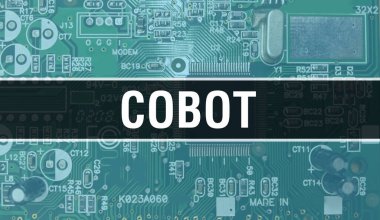 Bilgisayar anakartlı robot konsepti. Cobot metni Teknoloji Anakart Dijital Teknoloji geçmişi üzerine yazılmış. Baskılı devre kartı olan Cobot ve Chip entegre devreleri kapatın