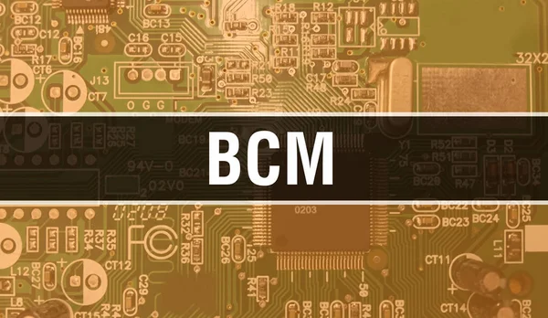 Elektronik Bilgisayar Donanım Teknolojisi geçmişi olan BCM. Elektronik Entegre Devre ve BCM ile soyut bir arkaplan. Elektronik Devre Kurulu. Bilgisayar Entegre Devre Domuzlu BCM