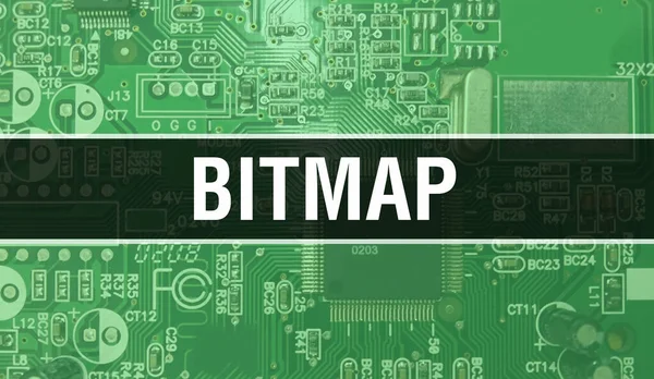 Κείμενο Bitmap Γραμμένο Στο Circuit Board Ηλεκτρονικό Υπόβαθρο Αφηρημένης Τεχνολογίας — Φωτογραφία Αρχείου