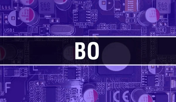 BO concept with Computer motherboard. BO text written on Technology Motherboard Digital technology background. BO with printed circuit board and Chip close up on integrated circuit Backgroun