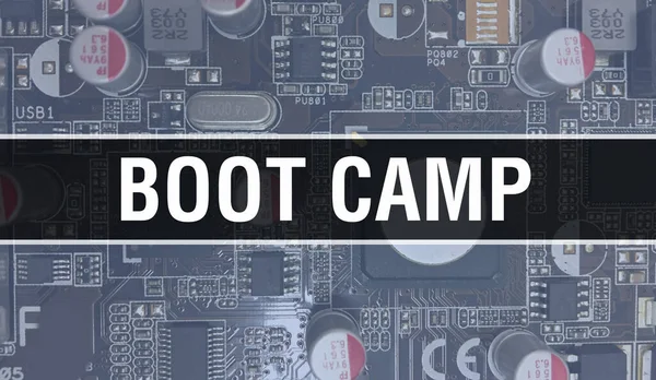 Boot Camp concept with Computer motherboard. Boot Camp text written on Technology Motherboard Digital technology background. Boot Camp with printed circuit board and Chip close up on integrate