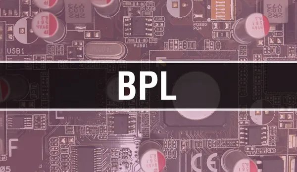 回路基板上の電子集積回路とBplの概念 回路基板にコンピュータチップを搭載したBpl抽象技術の背景とチップを集積回路上に閉じ込めます Bpl背景 — ストック写真