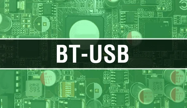 回路基板上のコンピュータチップを使用したBt Usbの概念図 内蔵回路基板の背景をBt Usbで閉じます 電子計算機ハードウェア技術のBt Usbマザーボード Digital Chi — ストック写真