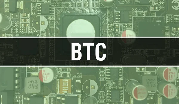 Btc Εικόνα Έννοια Χρησιμοποιώντας Computer Chip Στο Circuit Board Btc — Φωτογραφία Αρχείου
