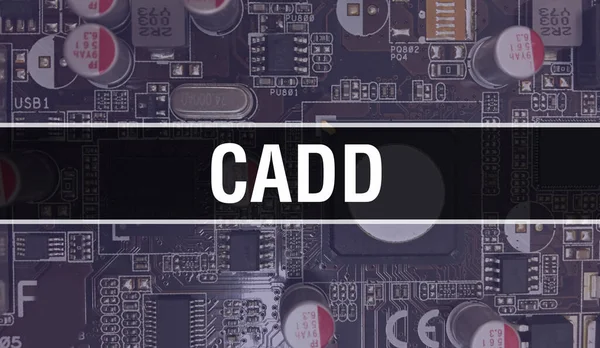 Cadd 컨셉트와 일렉트로닉스 서킷온 컴퓨터칩을 Cadd 보드의 그리고 회로에서 닫는다 — 스톡 사진