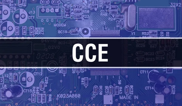Cce概念与计算机主板 Cce文本写在技术母板数字技术背景上 集成电路背板上印制电路板和芯片闭合的Cce — 图库照片