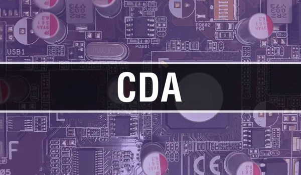 电路板上有电子集成电路的Cda概念 以计算机芯片为电路板的Cda抽象技术背景 芯片在集成电路上紧密相连 Cda Backgroun — 图库照片