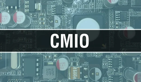 Cmio文本写在电路板上 具有软件开发人员和计算机脚本的电子抽象技术背景 Cmio集成电路的概念 Cmio集成电路和电阻 — 图库照片