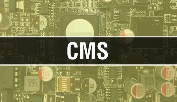 Cmsの概念図は 回路基板上のコンピュータチップを使用します Cmsは集積回路基板の背景を閉じます Cms Electronic Computer Hardware Technologyマザーボードデジタルチップの背景 — ストック写真
