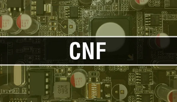 回路基板上に書かれたCnfテキストソフトウェア開発者とコンピュータスクリプトの電子抽象技術の背景 統合回路 Cnf の概念 Cnf集積回路と抵抗 — ストック写真