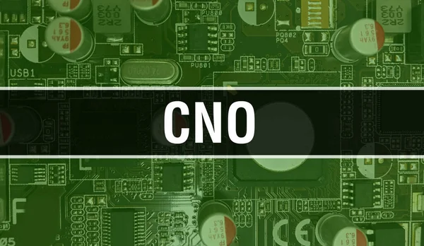 CNO concept with Electronic Integrated Circuit on circuit board. CNO with Computer Chip in Circuit Board abstract technology background and Chip close up on a integrated circuit. CNO Backgroun