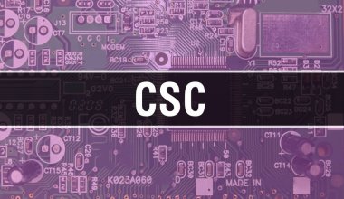Bilgisayar anakart ile CSC kavramı. Teknoloji anakartının dijital teknolojisi üzerine yazılmış CSC metni. Yazdırılmış devre kartı olan CSC ve Entegre devre Backgroun 'u kapat