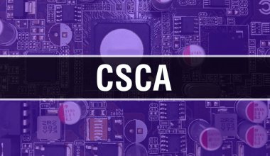 Devre Panosundaki Bilgisayar Çipi kullanılarak CSCA konsepti illüstrasyonu. CSCA entegre devre levha arka planını kapatın. Elektronik Bilgisayar Donanım Teknolojisi Anakart Dijital Chi üzerine CSCA