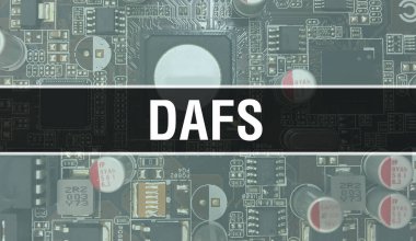 Devre Panosundaki Bilgisayar Çipini kullanarak DAFS konsepti çizimi. DAFS entegre devre levha arka planını kapatın. DAFS: Elektronik Bilgisayar Donanım Teknolojisi Anakart Dijital Chi