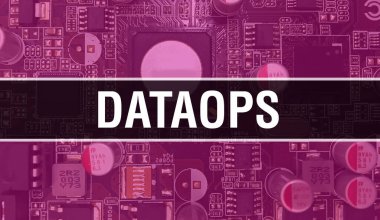 Devre Panosundaki Bilgisayar Çipi kullanılarak DataOps konsepti çizimi. DataOps entegre devre levha arkaplanını kapatın. Elektronik Bilgisayar Donanım Teknolojisi 'ndeki Veri İşlemleri Anakart Digita