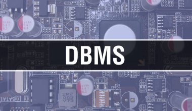 Yazılım geliştiricisi ve bilgisayar yazılımının elektronik soyut teknoloji arka planında yazılmış DBMS metni. DBMS entegre devreler konsepti. DBMS entegre devre ve direnç