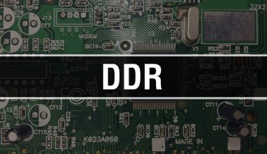Bilgisayar anakartlı DDR kavramı. DDR metni Teknoloji Anakart Dijital Teknoloji geçmişi üzerine yazılmış. Yazdırılmış devre kartı ile DDR ve Chip entegre devre Backgroun üzerinde kapatın