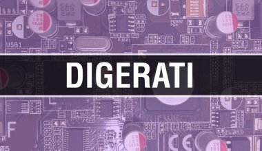 Devre kartında Elektronik Entegre Devre ile Digerati kavramı. Bilgisayar çipi ile soyut teknoloji arka planına sahip digerati ve Chip entegre bir devre üzerinde kapanıyor. Digerat