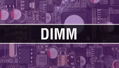 Yazılım geliştiricisi ve bilgisayar yazılımının elektronik soyut teknoloji arka planında yazılmış DIMM metni. Entegre devrelerin DIMM konsepti. DIMM entegre devre ve direnç