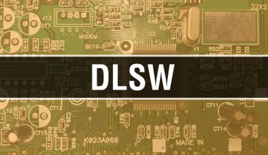 Bilgisayar anakartlı DLSw konsepti. DLSw metni Teknoloji Anakart Dijital Teknoloji arkaplanı üzerine yazılmış. Yazdırılmış devre kartı ile DLSw ve Chip entegre devre Backgroun üzerinde kapatın
