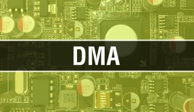 Yazılım geliştiricisi ve bilgisayar yazılımının elektronik soyut teknoloji arka planında yazılmış DMA metni. Entegre devrelerin DMA konsepti. DMA entegre devre ve direnç