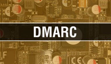 Devre kartında Elektronik Entegre Devre ile DMARC konsepti. Bilgisayar Çipi 'nin soyut teknoloji arka planında olduğu DMARC ve Chip entegre bir devrede kapanıyor. DMAR