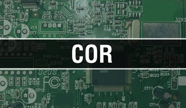 具有电子计算机硬件技术背景的Cor 具有电子集成电路和Cor的背景 电子电路板 具有计算机集成电路布尔的Cor — 图库照片