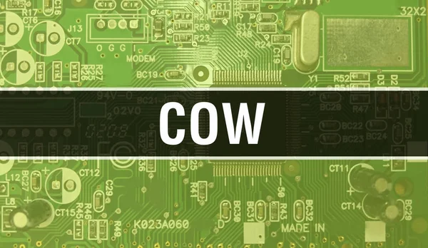 Koncepcja Cow Płytą Główną Komputera Tekst Cow Napisany Technologii Płyta — Zdjęcie stockowe