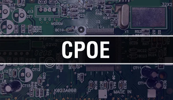 Cpoe概念与计算机主板 Cpoe文本写在技术母板数字技术背景上 具有印制电路板和集成电路背板芯片闭合的Cpoe — 图库照片
