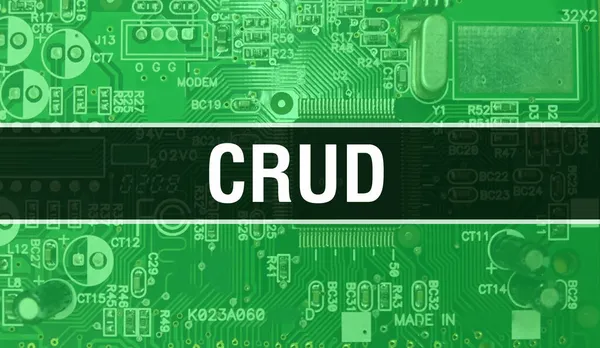 Bilgisayar anakartlı CRUD konsepti. Teknoloji anakartının dijital teknolojisi üzerine yazılmış CRUD metni. Yazdırılmış devre kartı olan CRUD ve Chip entegre devre Backgroun 'u kapatır