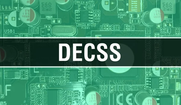 电路板上有电子集成电路的Decss概念 在电路板中配置计算机芯片的Decss抽象技术背景和芯片在集成电路上的闭合 Decs — 图库照片