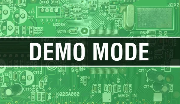Demo Mode concept with Computer motherboard. Demo Mode text written on Technology Motherboard Digital technology background. Demo Mode with printed circuit board and Chip close up on integrate