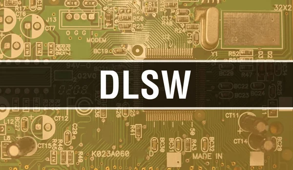 コンピュータのマザーボードとDlswの概念 Dlswテキストはテクノロジーマザーボードデジタル技術の背景に書かれています プリント基板とチップを内蔵したDlswが集積回路上でクローズアップ Backgrown — ストック写真