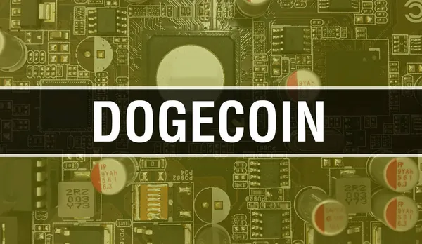 Εικονογράφηση Έννοιας Dogecoin Χρησιμοποιώντας Τσιπ Υπολογιστών Στον Πίνακα Κυκλωμάτων Dogecoin — Φωτογραφία Αρχείου