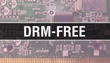 Yazılım geliştiricisi ve Bilgisayar betiğinin elektronik elektronik soyut teknoloji arka planında DRM-ücretsiz metin. Entegre devrelerin DRM 'siz konsepti. DRM-serbest entegre devre bir