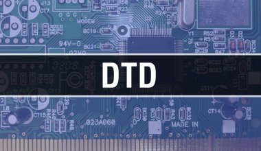 Yazılım geliştiricisi ve bilgisayar yazılımının elektronik soyut teknoloji arka planında yazılmış DTD metni. DTD entegre devreler kavramı. DTD entegre devre ve direnç